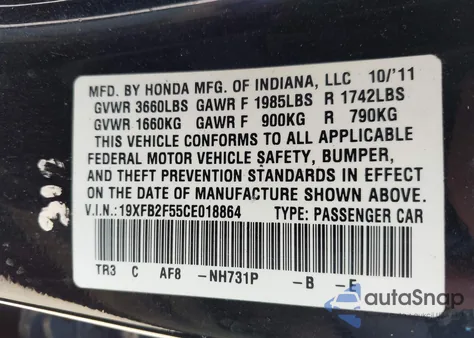2012 Honda Civic Lx z USA, uszkodzony, nr VIN 19XFB2F55CE018864
